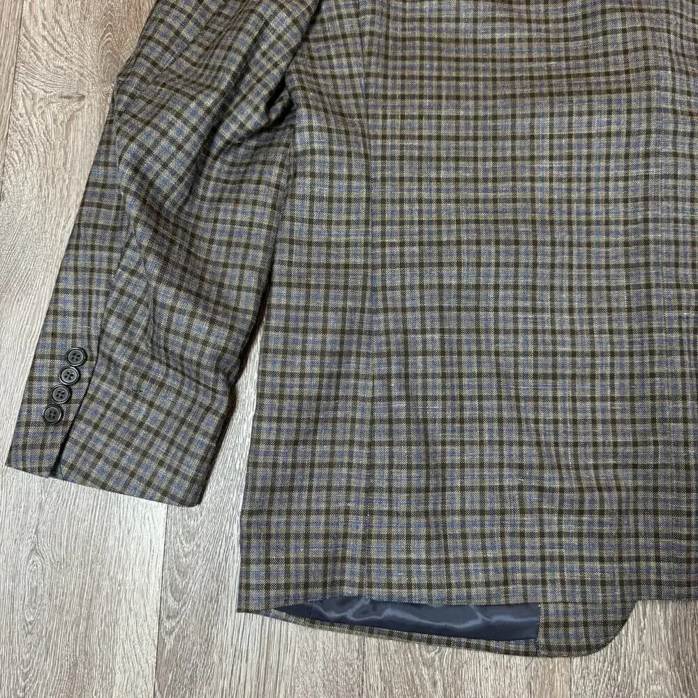 Hickey Freeman 46R Gingham Check Linen Wool Blend Blazer Sport Coat Brown Blue